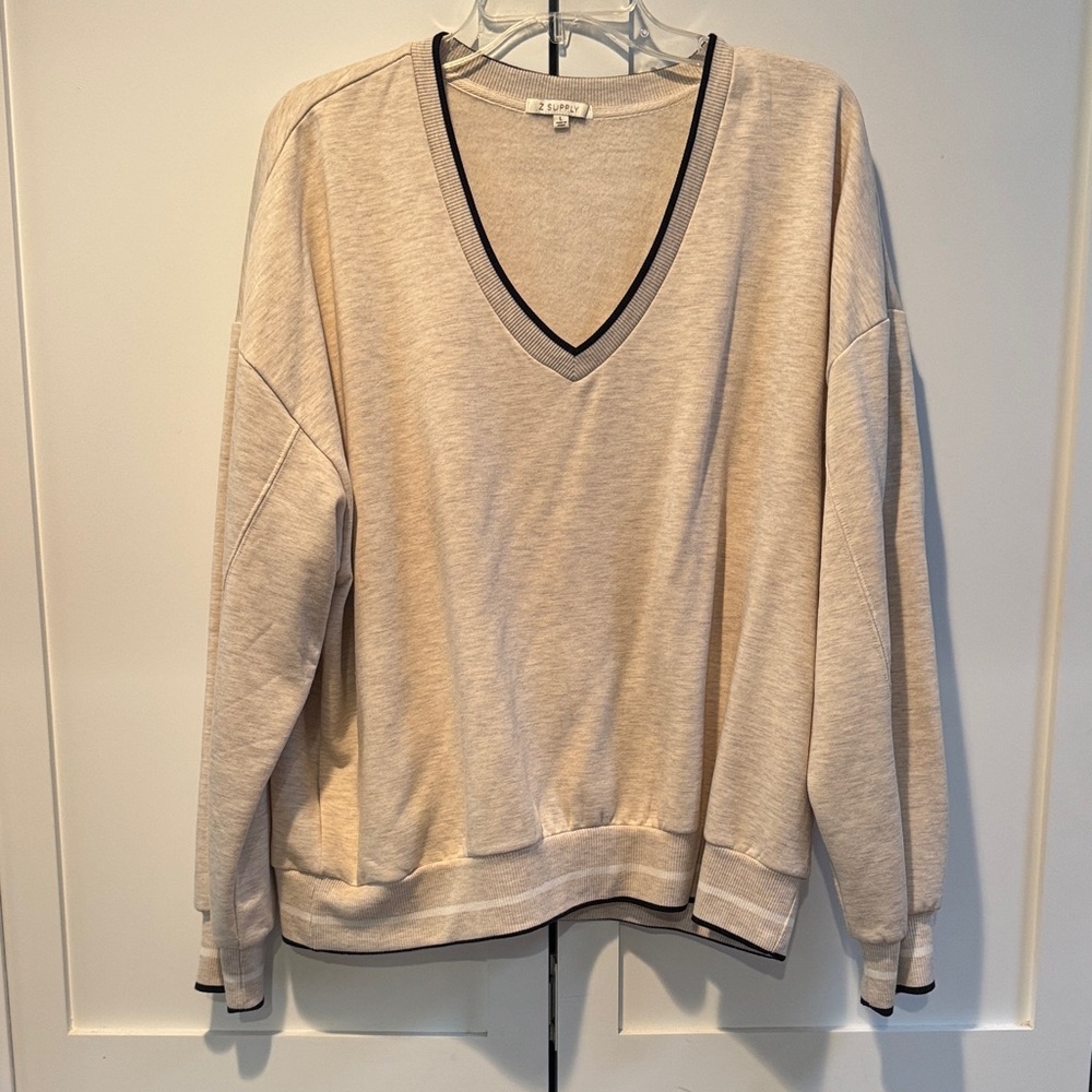 Z Supply Cream V-Neck Sweater with Black Trim